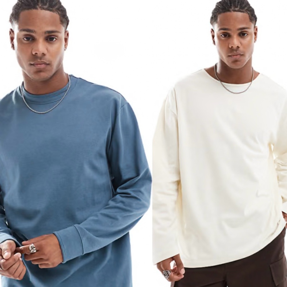 ASOS DESIGN 2 oversized long sleeve t-shirts in cream and blue like bundle so L